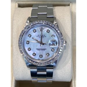 Rolex Date 15200 34mm MOP Diamond Dial & White Gold Diamond Bezel Stainless Steel Oyster 1997